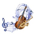 Treble clef, musical notes and contrabass watercolor illustration on white.
