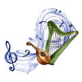 Treble clef, musical notes and mandolin watercolor illustration on white.