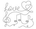 Treble clef and musical notes one line art, hand drawn continuous contour. Love music creative concept, minimalist template design Royalty Free Stock Photo