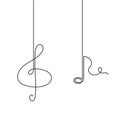 Treble clef and musical notes one line art, hand drawn continuous contour outline.Love music composition concept,minimalist Royalty Free Stock Photo