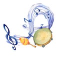 Treble clef, musical notes and tambourine watercolor illustration on white. Royalty Free Stock Photo