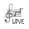 Treble clef, notes and love. Hand drawn vector illustration in Doodle style. Royalty Free Stock Photo