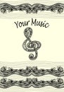 Treble clef notes musical stanza with Zen-tangle ornament black on white