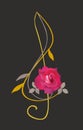 Treble clef in shape of red rose with golden stem isolated on black background. Musical logo in vector Royalty Free Stock Photo