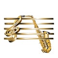 Treble clef stave 3D gold and saxophone