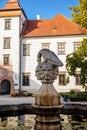 Trebon, South Bohemia, Czech Republic, 9 October 2021: Castle Courtyard, Renaissance chateau with sgraffito mural decorated