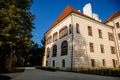 Trebon, South Bohemia, Czech Republic, 9 October 2021: Castle Courtyard, Renaissance chateau with tower and sgraffito mural