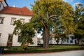 Trebon, South Bohemia, Czech Republic, 9 October 2021: Castle Courtyard, Renaissance chateau with tower and sgraffito mural