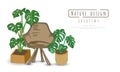 Potted plants and chairs wood on white background