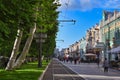 Tree alley with tram rails on Prospekt Mira street in Vladikavkaz