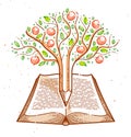 Tree with apples combined with pencil over open vintage book education or science knowledge concept, educational or scientific Royalty Free Stock Photo