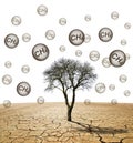 Tree in the arid landscape with bubble with CH4 text isolated on white background. Global warming or change climate concept. Royalty Free Stock Photo