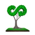 Tree with arrow infinity shaped leaves, grass land, 3D illustration