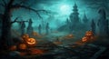 night pumpkin cemetery horror halloween bat dark grave holiday moon. Generative AI. Royalty Free Stock Photo