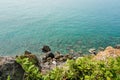 tree beach defocused. tropical beach background. blur light of calm sea and sky. Scenic background of sunlight. Royalty Free Stock Photo