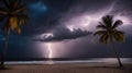 tree on the beach A dramatic scene of a thunderstorm and lightning over the beach, creating a contrast of light