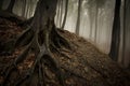 Tree with big roots on forest soil