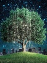 A tree with binary code falling from its leaves in front of a city skyline at night under a starry sky Royalty Free Stock Photo