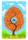 A tree with a bird on a blue background with added clouds.