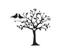 Tree illustration and birds couple silhouette, vector. Birds in love on tree, illustration. Tree silhouette isolated on white Royalty Free Stock Photo