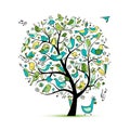 Tree with birds, sketch for your design Royalty Free Stock Photo