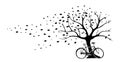 Tree illustration in autumn with falling leaves from wind and vintage bicycle