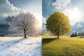 A tree bisected by winter and summer showcasing nature's contrasting seasons in one image Royalty Free Stock Photo