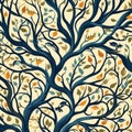 Tree black branches with leaves on a yellow background pattern