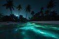 tropical blue luminous palm beach sky paradise night ocean tree vacation. Generative AI.