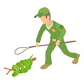 Tree boa icon isometric vector. Young man in uniform near big bright green snake