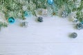 Tree branch, ball gift design seasonal on white wooden background, snow Royalty Free Stock Photo