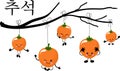 A tree branch with funny and cute characters. Persimmon character. Translated from Korean Chuseok. Flat design style. Concept