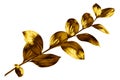 Tree branch with golden leaves on white background isolated closeup, decorative gold color plant sprig, yellow shiny metal twig