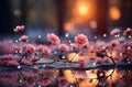 Tree branch pink flowers, cherry blossoms or sakura on water and rocks. water reflection beautiful bokeh. Generative Ai. Royalty Free Stock Photo