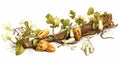 Tree branch with several nuts and fruits hanging from it. These include almonds, walnuts, and cherries. The fruit is