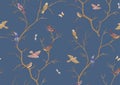 Tree branches against the sky with sparrow, finches, butterflies, dragonflies.