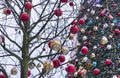 Tree branches decorated with gold and red balls on the background of a large Christmas tree Royalty Free Stock Photo
