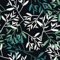 Tree branches seamless pattern on black background. Leaves silhouette wallpaper. Decorative twigs Royalty Free Stock Photo