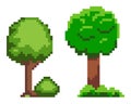 Green Tree and Bush with Grass, Pixel Game Vector Royalty Free Stock Photo