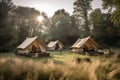 luxury travel light forest canvas tent glamping camping nature vacation. Generative AI.