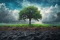 A tree is in the center of an image split between two contrasting weather scenes, one side showing lush green grass under a blue Royalty Free Stock Photo