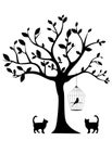 Tree silhouette with bird cage and cats illustration