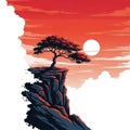 Tree on a cliff overlooking sunset with clouds and orange sky Royalty Free Stock Photo