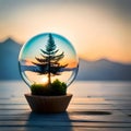 Confier (Tree) closed in a Glass Globe, sunset in the background. Generative AI Royalty Free Stock Photo