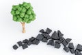 Tree beside coal pieces illustrating fossilization process, Fossil fuels formation concept