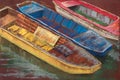 Tree colored wooden boats on river. Summer landscape. Pastel Painting