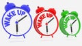 Tree colorful alarm clocks with wake up concept