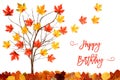 Tree With Colorful Leaf Decoration, Leaves Flying Away, Text Happy Birthday