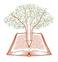 Tree combined with pencil over open vintage book education or science knowledge concept, educational or scientific literature Royalty Free Stock Photo