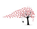 Tree with hearts and wind, vector. Love tree with birds on swing, isolated on white background. Scandinavian minimalist art design